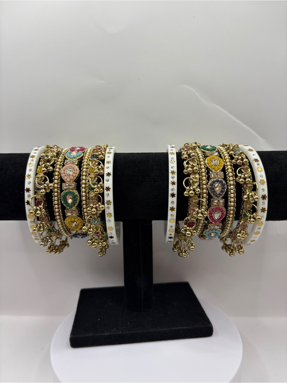 Premium White And Multicolor Gold-Tone Kundan Bangle Set